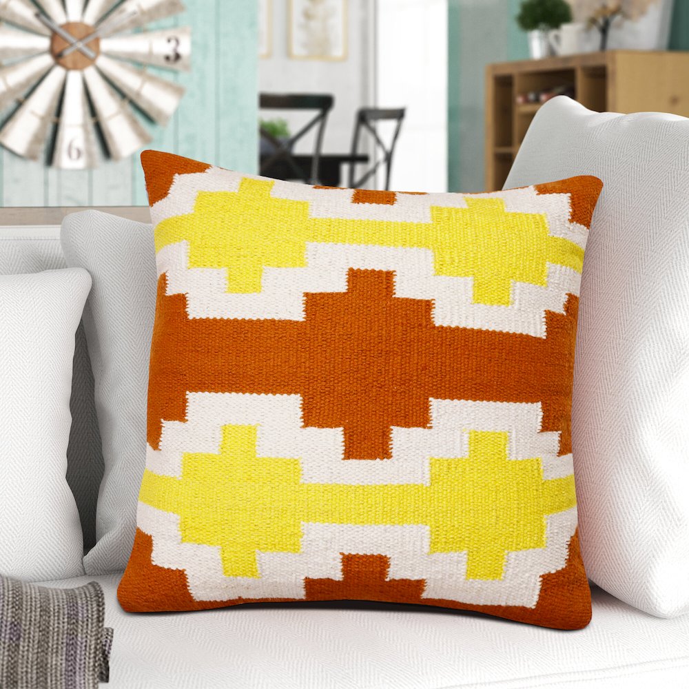 Ox Bay Hand-Woven White/Yellow Geometric All-Natural Cotton Pillow Cover. Picture 8