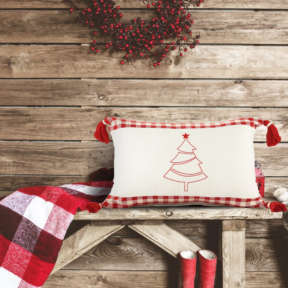 Merry Cotton Poly Filled Pillow in White/Red, 16" x 24". Picture 10
