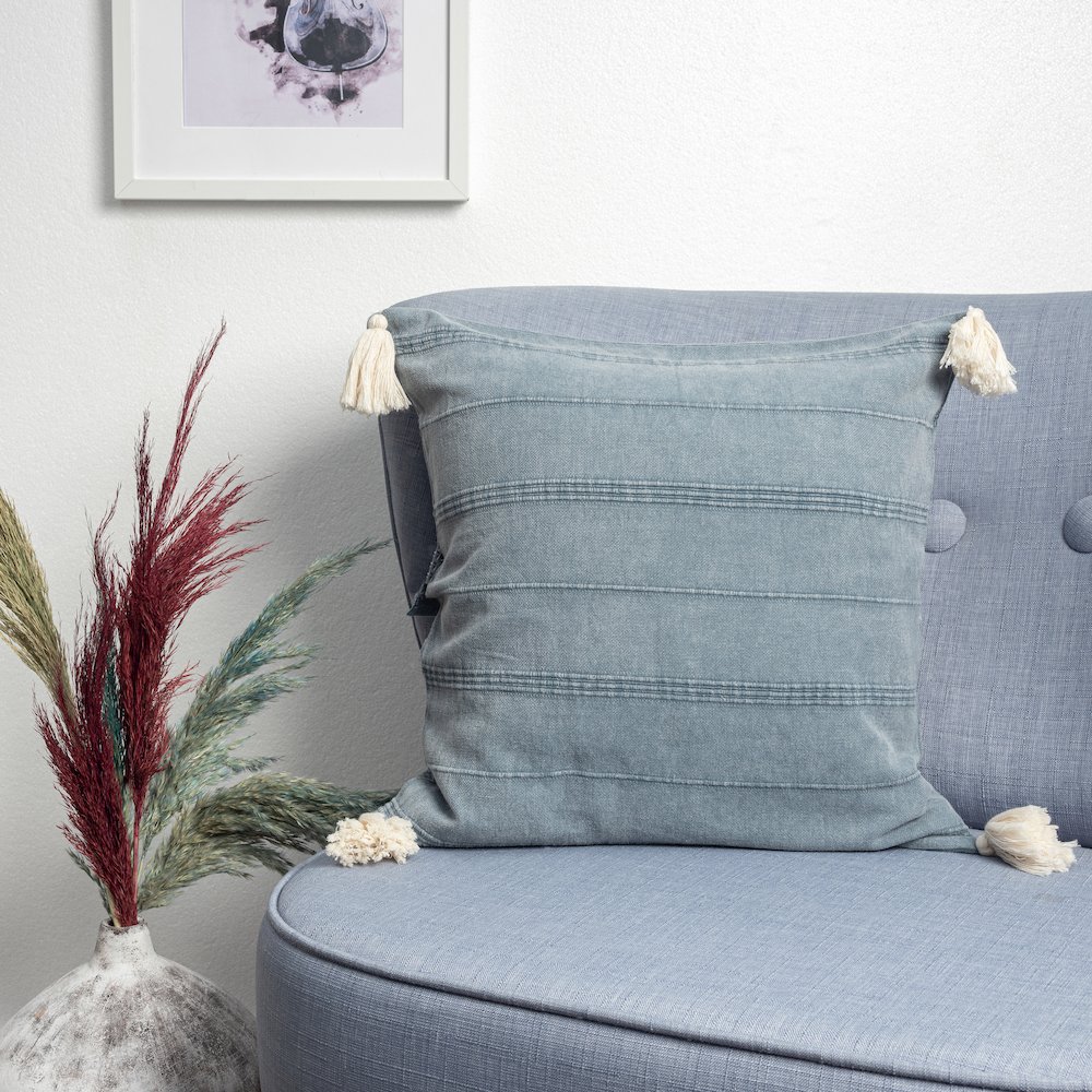 Silas Turkish Cotton Poly Filled Pillow in Gray/Blue, 18" x 18". Picture 2