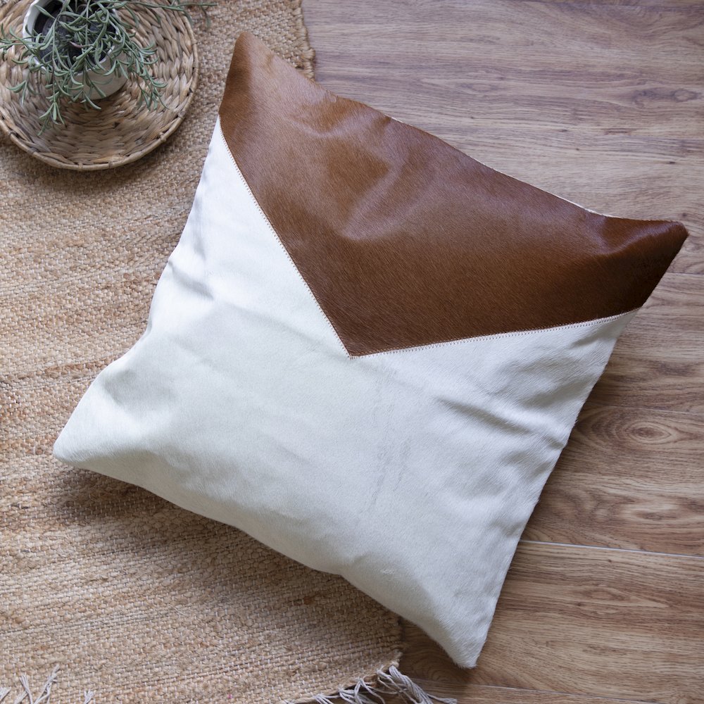 Austin Leather blend Poly Filled Pillow in Ivory/Brown, 20" x 20". Picture 2