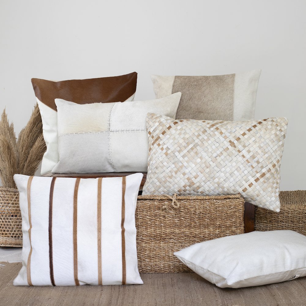Austin Leather blend Poly Filled Pillow in Ivory/Brown, 20" x 20". Picture 8