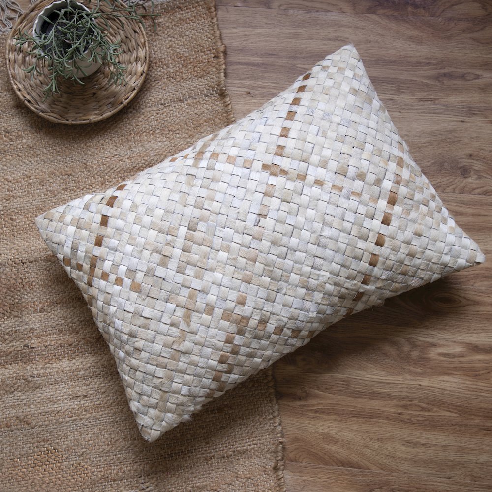 Austin Leather blend Poly Filled Pillow in Ivory/Brown, 16" x 24". Picture 2