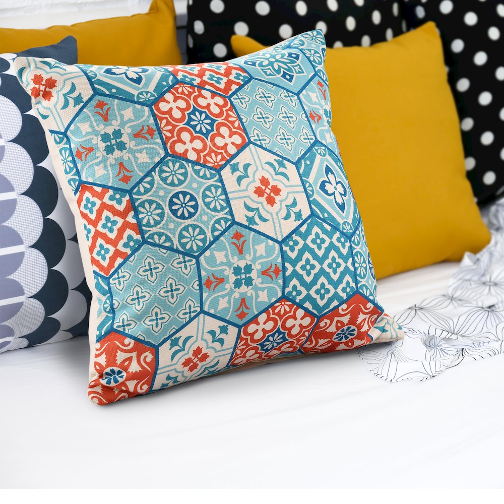 Mosaic Performance Poly Filled Pillow in Blue/Orange, 20" x 20". Picture 2