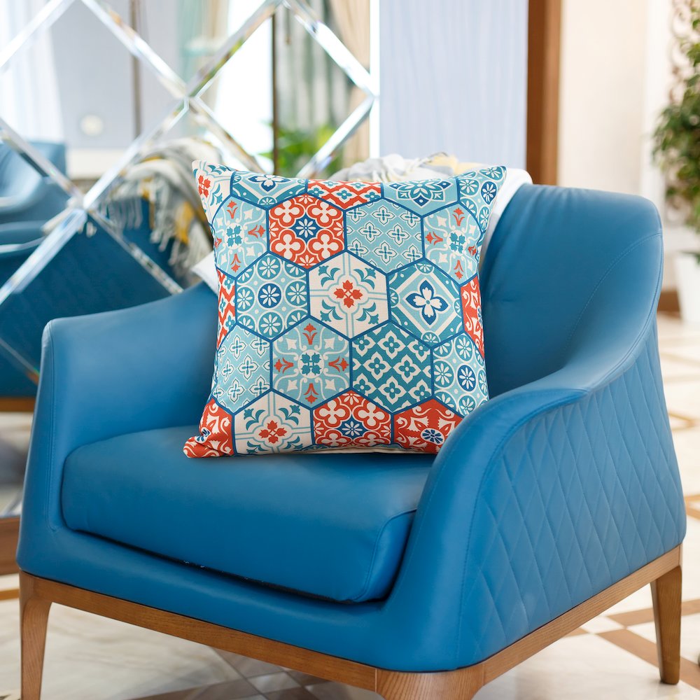 Mosaic Performance Poly Filled Pillow in Blue/Orange, 20" x 20". Picture 8