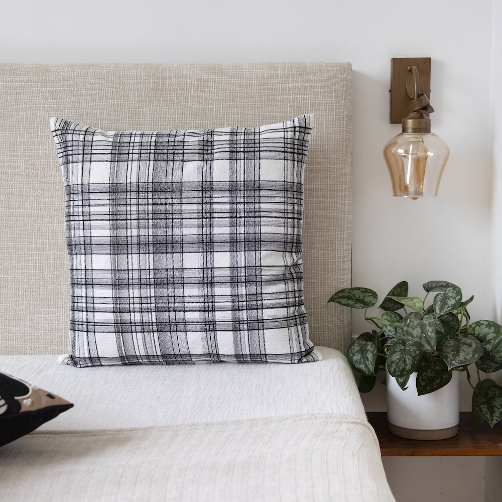 White/Black Contemporary Checkered Hand-Woven Throw Pillow Cover. Picture 2