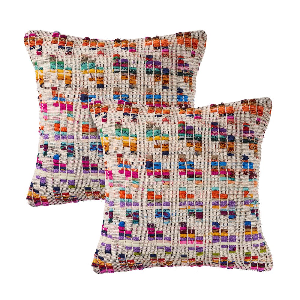Chindi Cotton Blend Pillow Set of 2 in Multicolored/Tan, 20" x 20". Picture 1