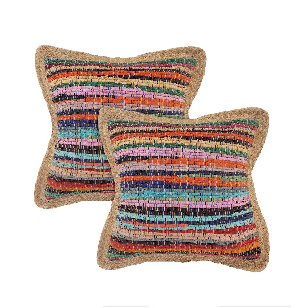 Riley Cotton and Jute Pillow Set of 2 in Blue/Orange, 20" x 20". Picture 1