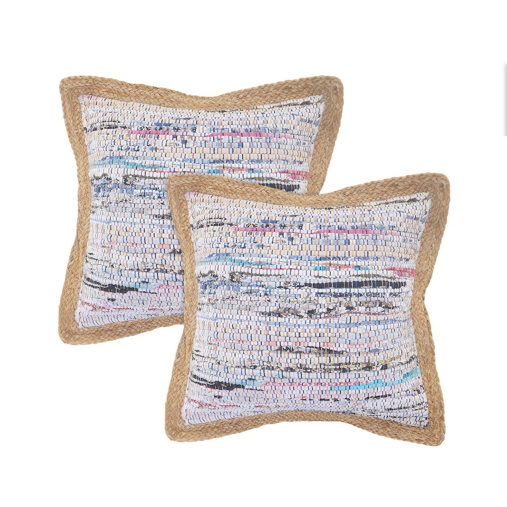 Riley Cotton and Jute Pillow Set of 2 in Multicolored/Tan, 20" x 20". Picture 1