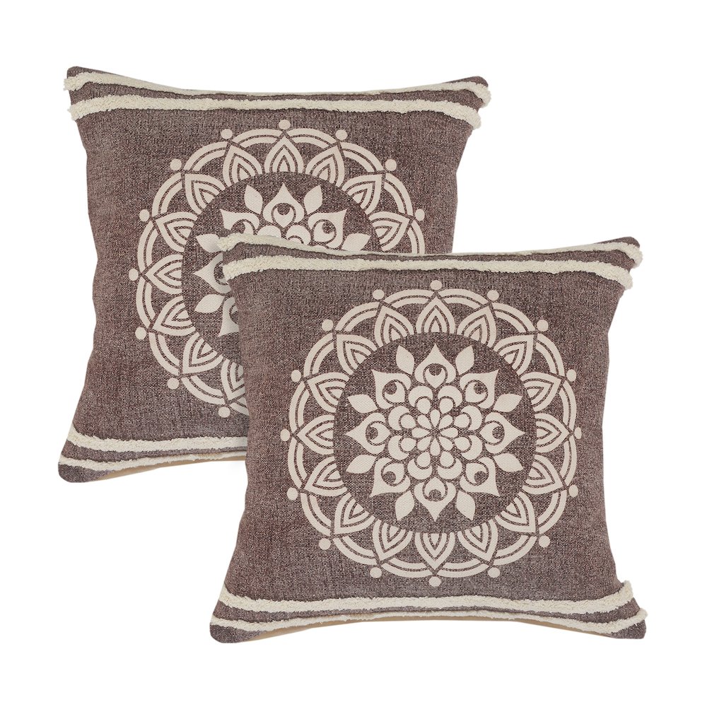 Mandala Cotton Pillow Set of 2 in Brown/White, 20" x 20". Picture 1