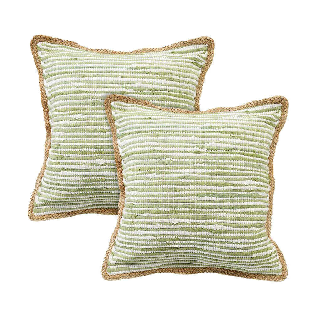 Riley Cotton and Jute Pillow Set of 2 in Green/White, 20" x 20". Picture 1