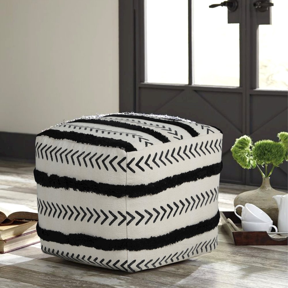 Avant-garde Cotton Indoor Pouf in White/Black, 18" x 18" x 14". Picture 8