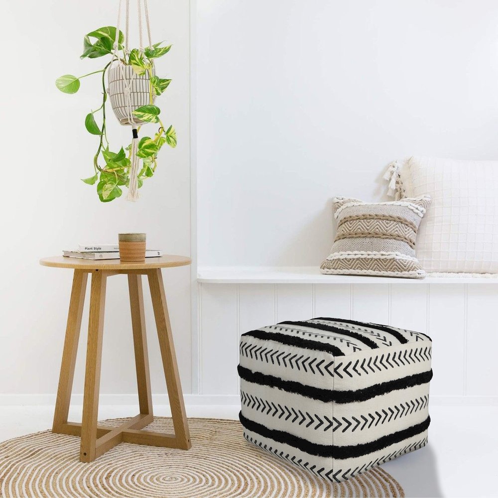 Avant-garde Cotton Indoor Pouf in White/Black, 18" x 18" x 14". Picture 9
