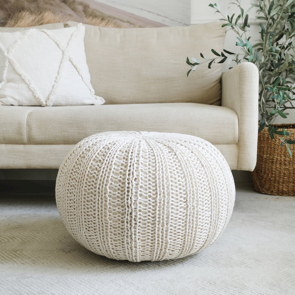 Celtic Cotton Indoor Pouf in Beige, 20" x 20" x 16". Picture 2