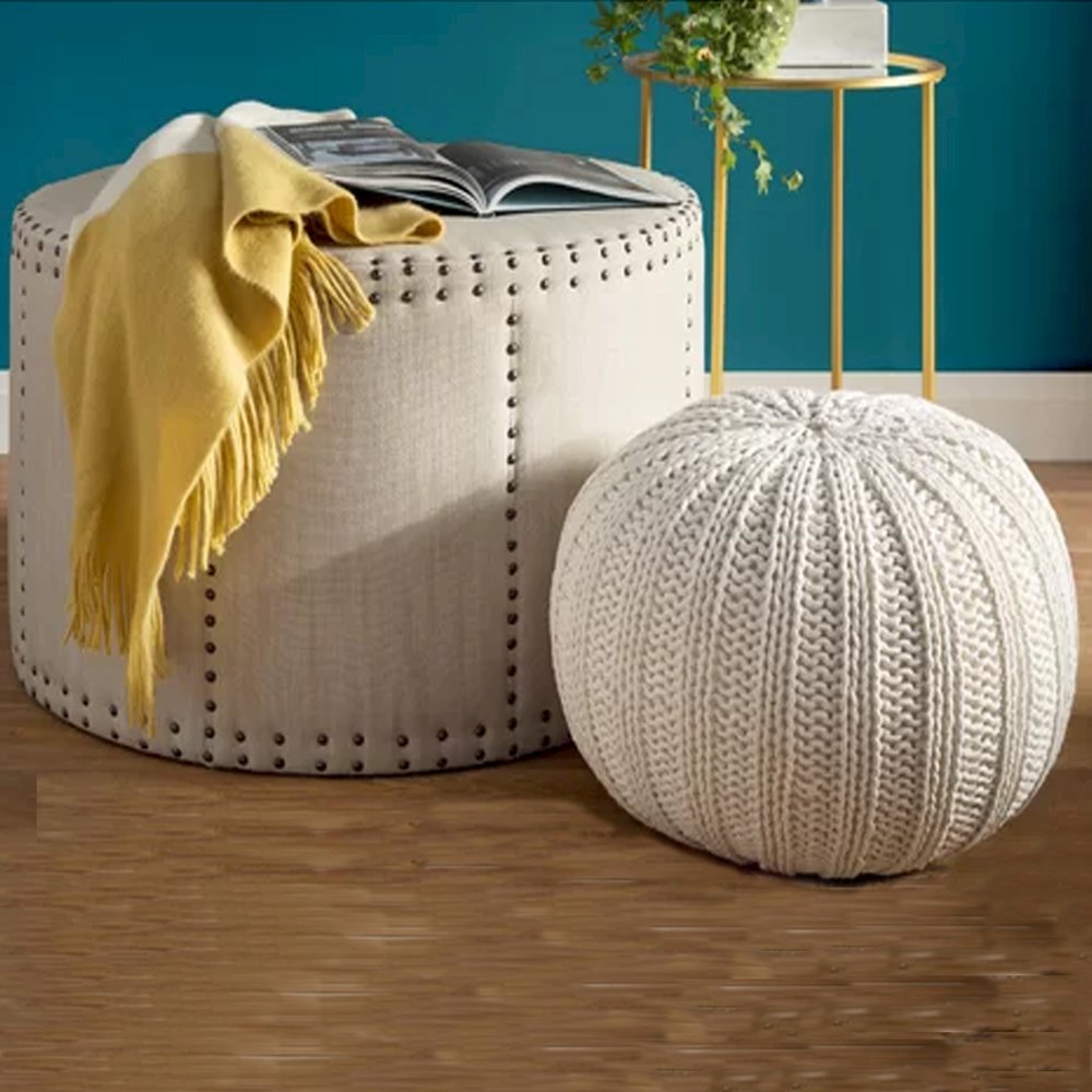 Celtic Cotton Indoor Pouf in Beige, 20" x 20" x 16". Picture 6