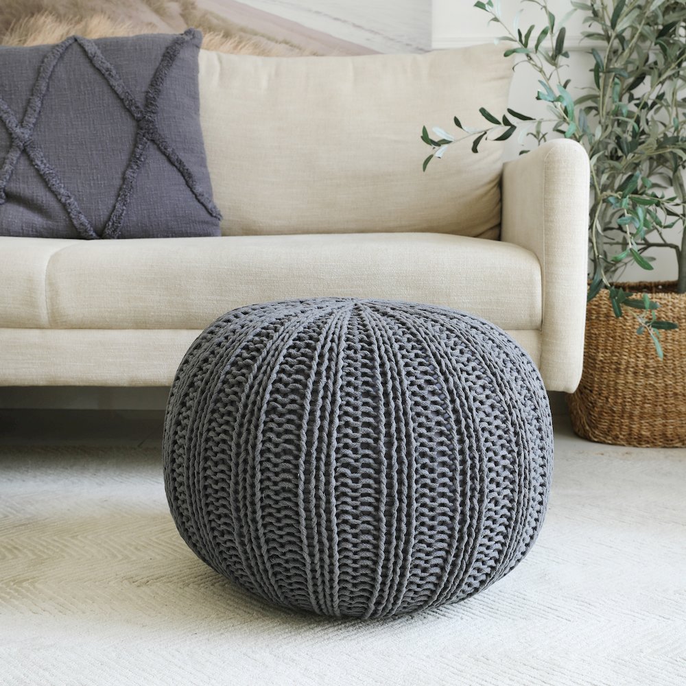 Celtic Cotton Indoor Pouf in Black, 20" x 20" x 16". Picture 2