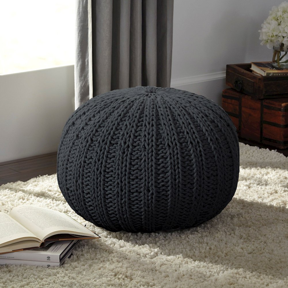 Celtic Cotton Indoor Pouf in Black, 20" x 20" x 16". Picture 5