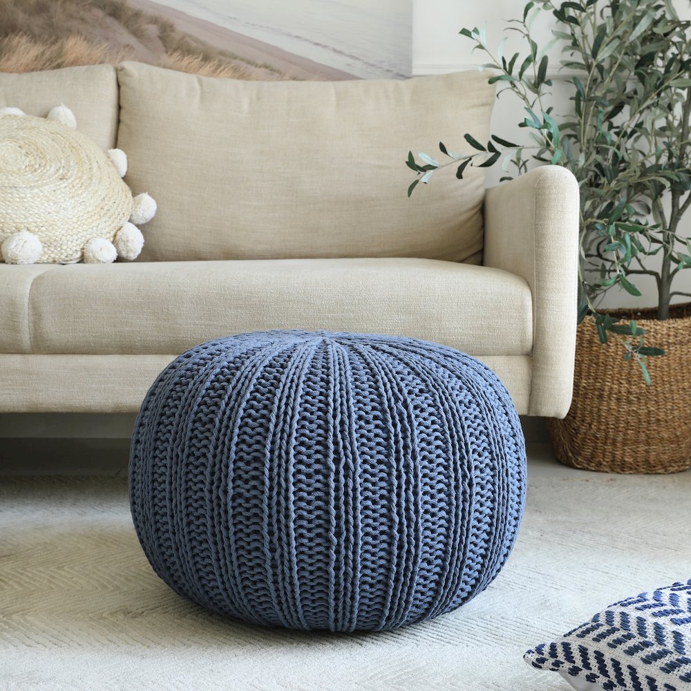 Celtic Cotton Indoor Pouf in Blue, 20" x 20" x 16". Picture 2