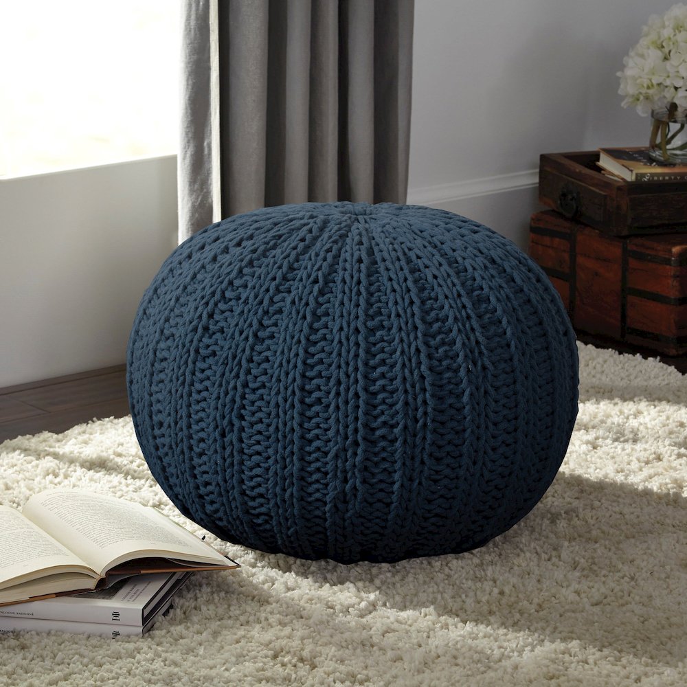 Celtic Cotton Indoor Pouf in Blue, 20" x 20" x 16". Picture 5