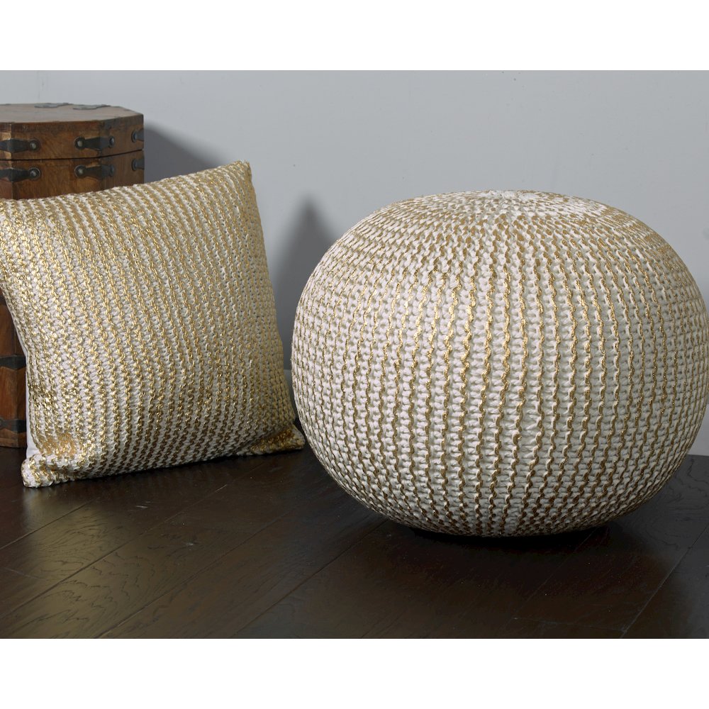 Celtic Cotton Indoor Pouf in Gold/Beige, 20" x 20" x 16". Picture 3