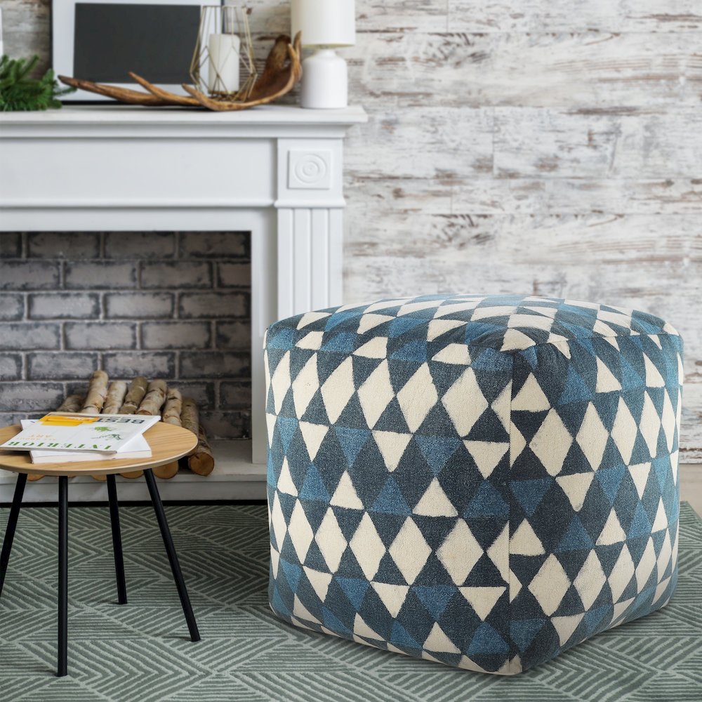 Pacifica Cotton Indoor Pouf in Blue/Cream, 20" x 20" x 20". Picture 6
