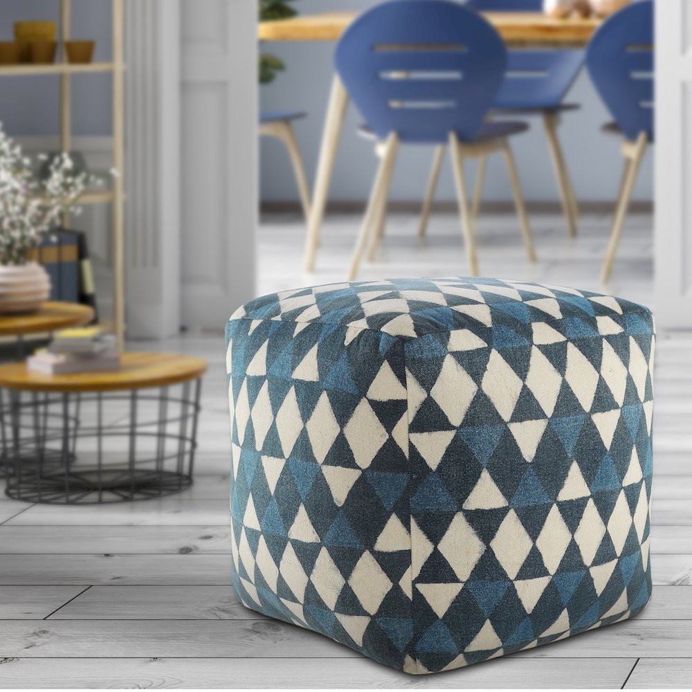 Pacifica Cotton Indoor Pouf in Blue/Cream, 20" x 20" x 20". Picture 7