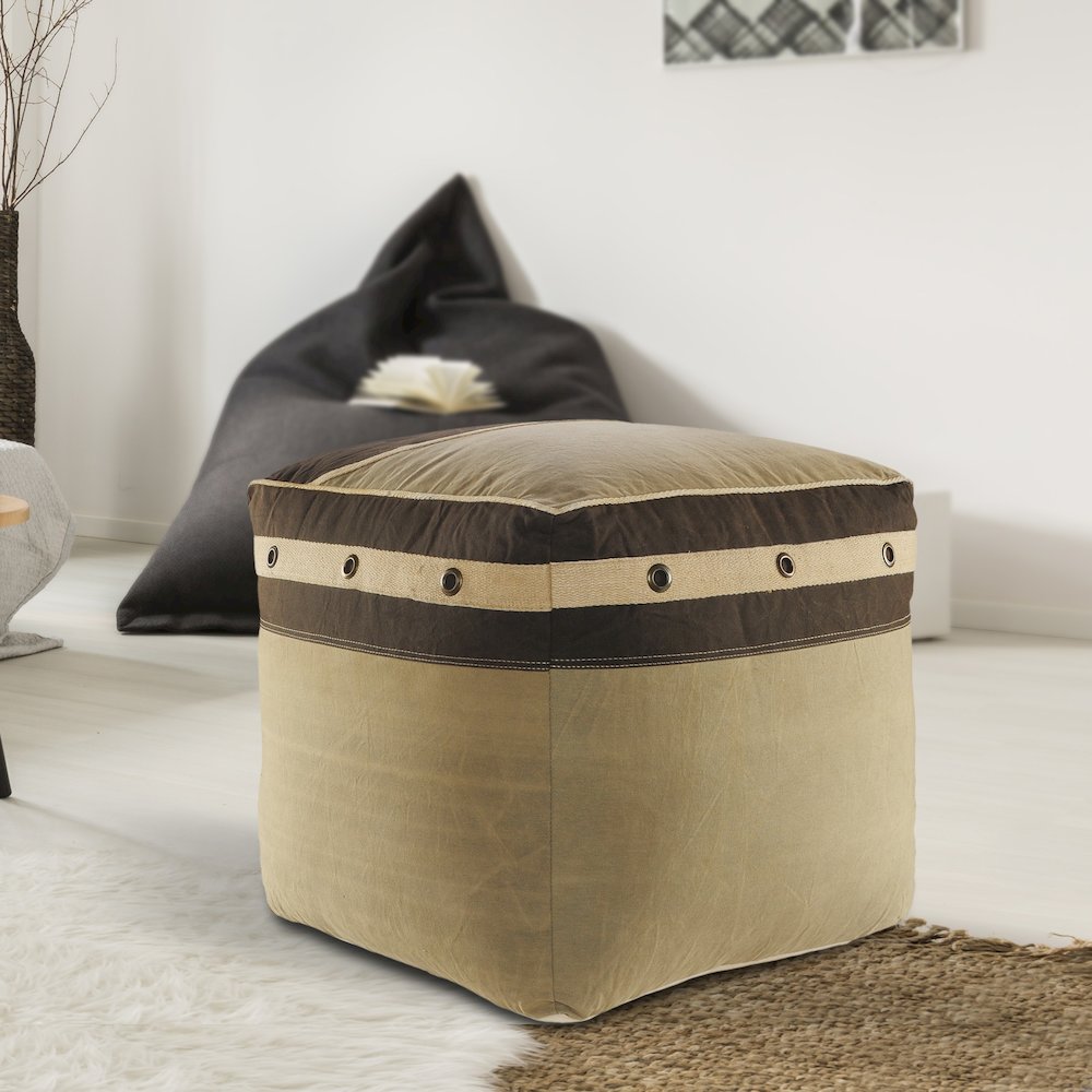 Cadet Cotton Indoor Pouf in Brown/Cream, 20" x 20" x 20". Picture 7