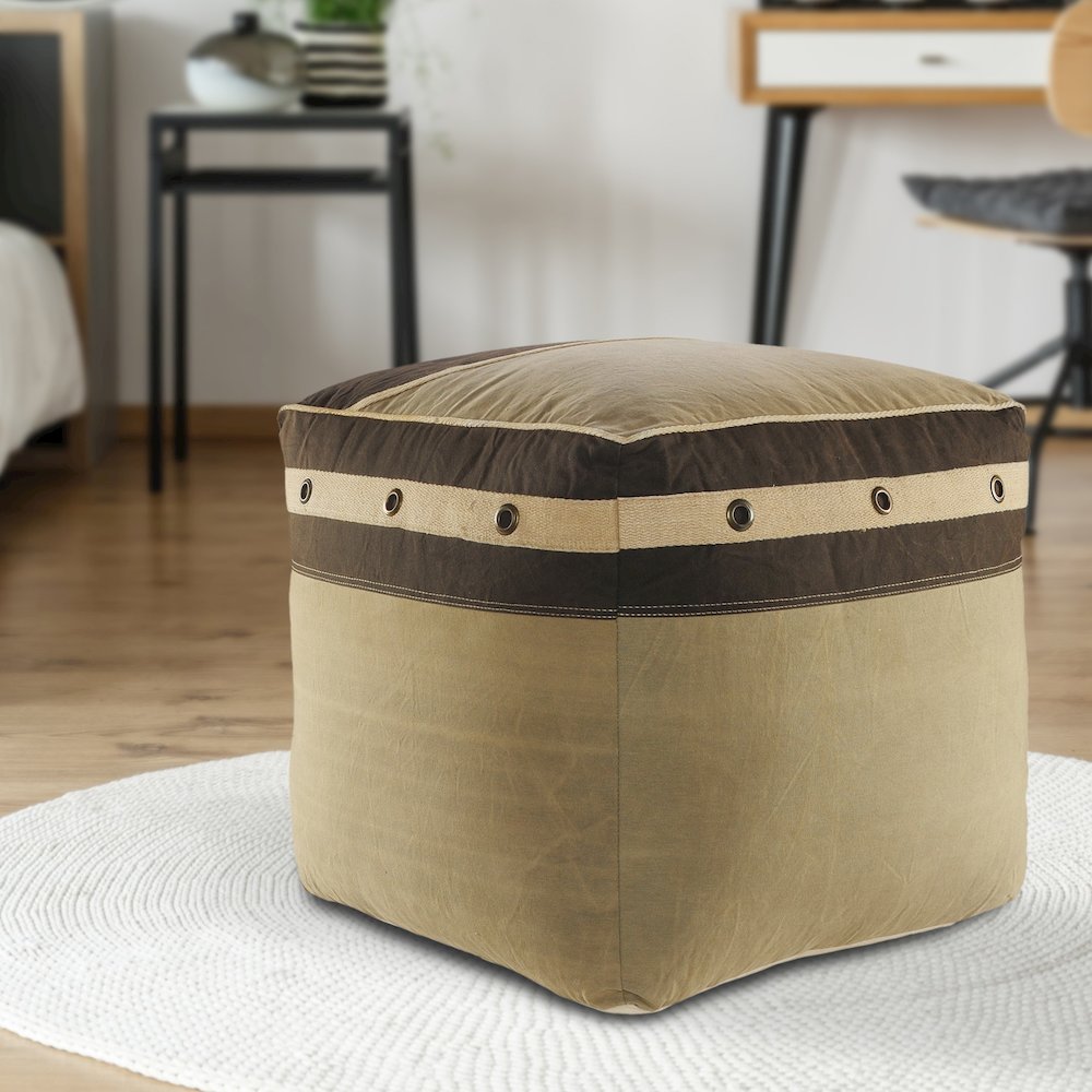 Cadet Cotton Indoor Pouf in Brown/Cream, 20" x 20" x 20". Picture 8
