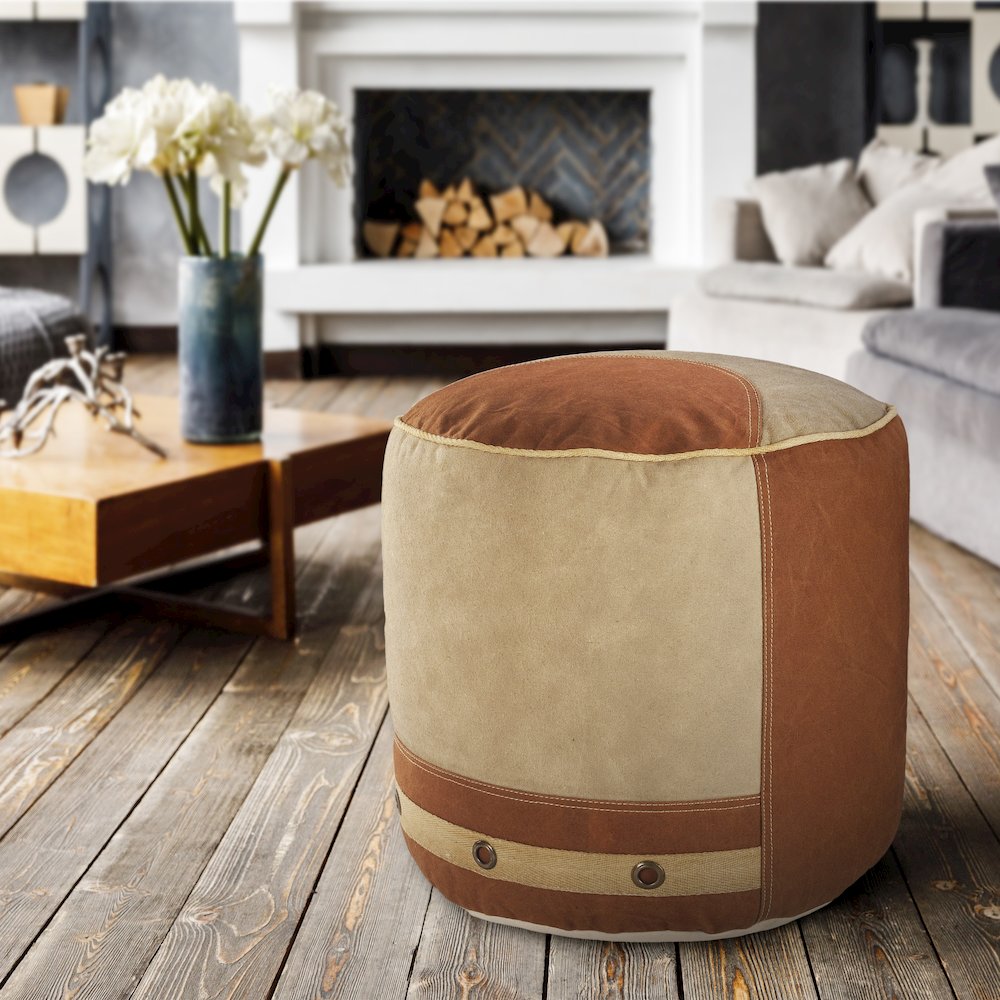 Cadet Cotton Indoor Pouf in Tan/Cream, 16" x 16" x 16". Picture 7