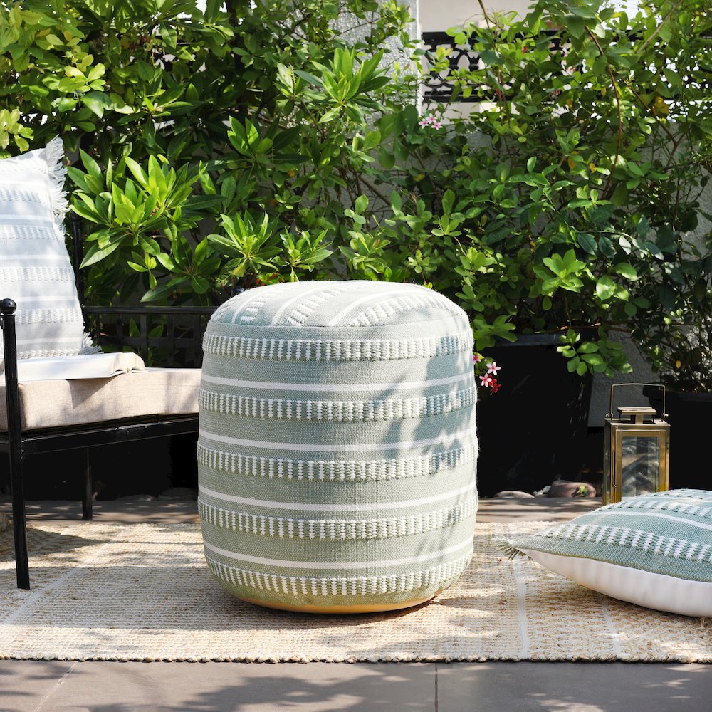 Atlantis Performance Outdoor Pouf in Green/White, 20" x 20" x 20". Picture 2