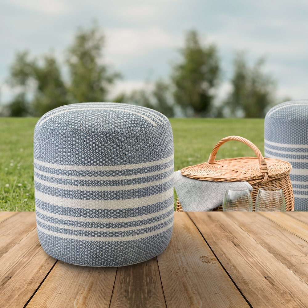Atlantis Performance Outdoor Pouf in Blue/White, 20" x 20" x 20". Picture 8