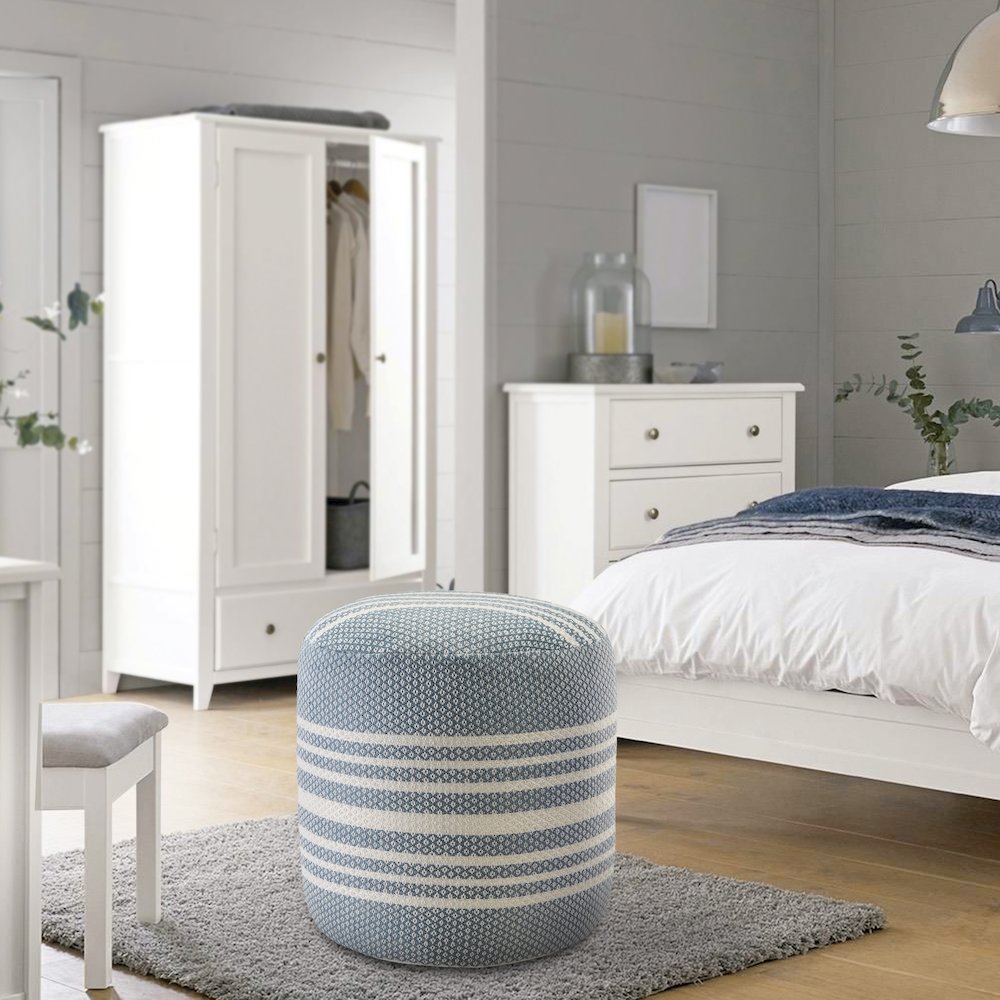 Atlantis Performance Outdoor Pouf in Blue/White, 20" x 20" x 20". Picture 9