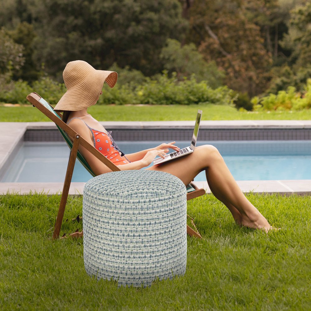 Atlantis Performance Outdoor Pouf in Blue/Green, 20" x 20" x 20". Picture 9