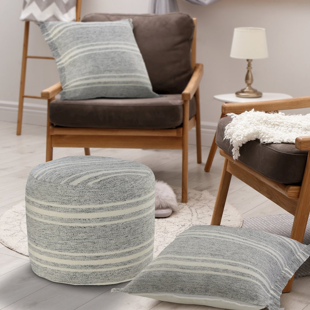 Atlantis Performance Outdoor Pouf in Gray/White, 18" x 18" x 14". Picture 7