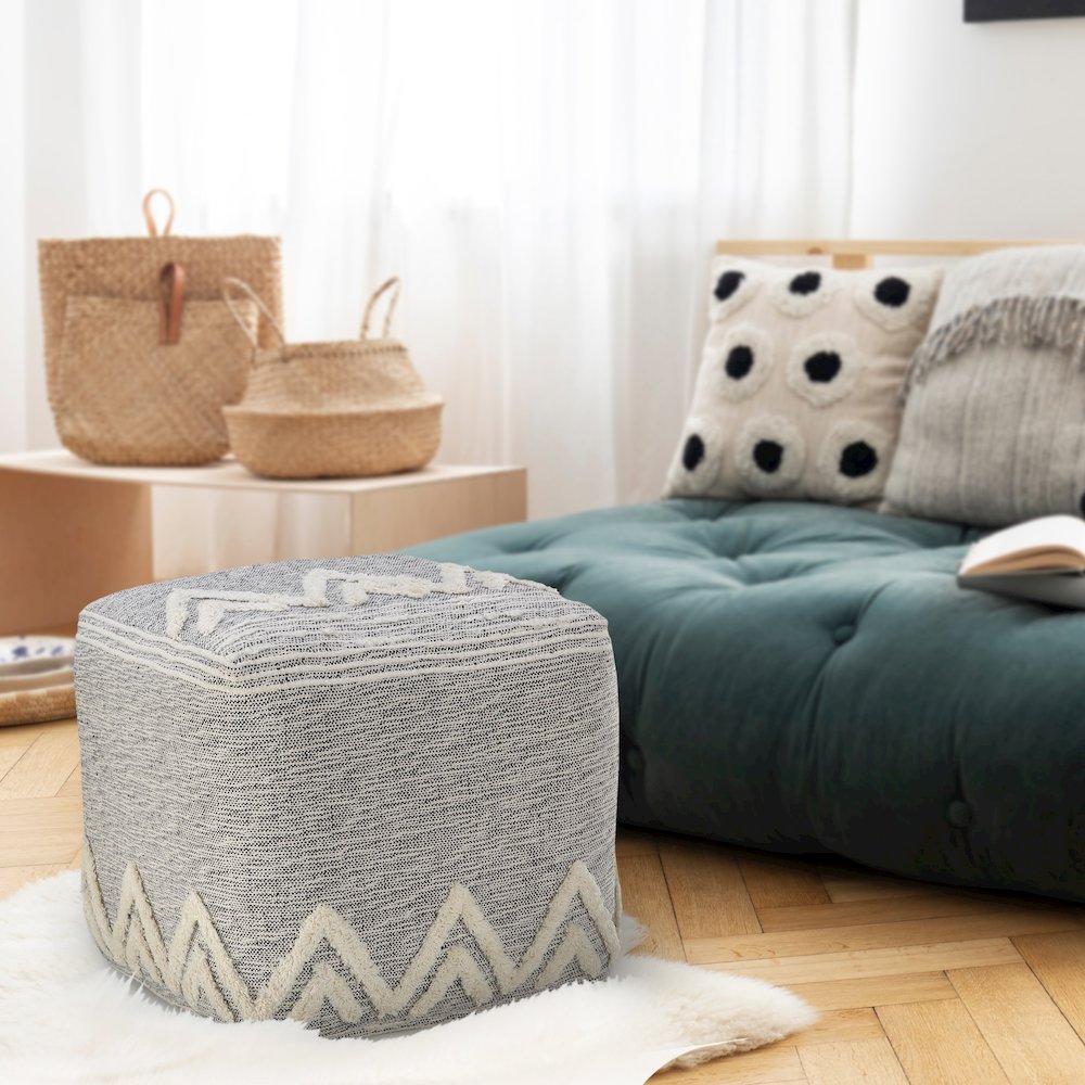Morningside Performance Indoor Pouf in Gray/Ivory, 16" x 16" x 16". Picture 8