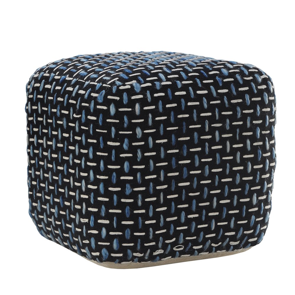 Havana Performance Indoor Pouf in Black/Blue, 16" x 16" x 16". Picture 1