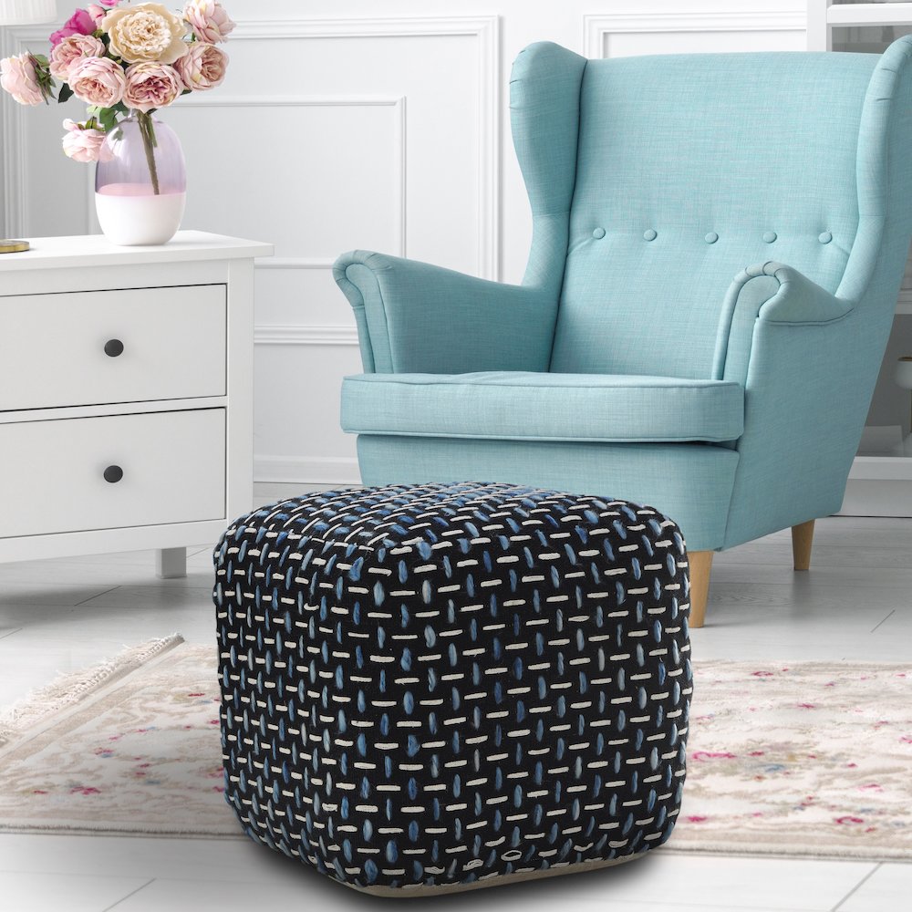 Havana Performance Indoor Pouf in Black/Blue, 16" x 16" x 16". Picture 7