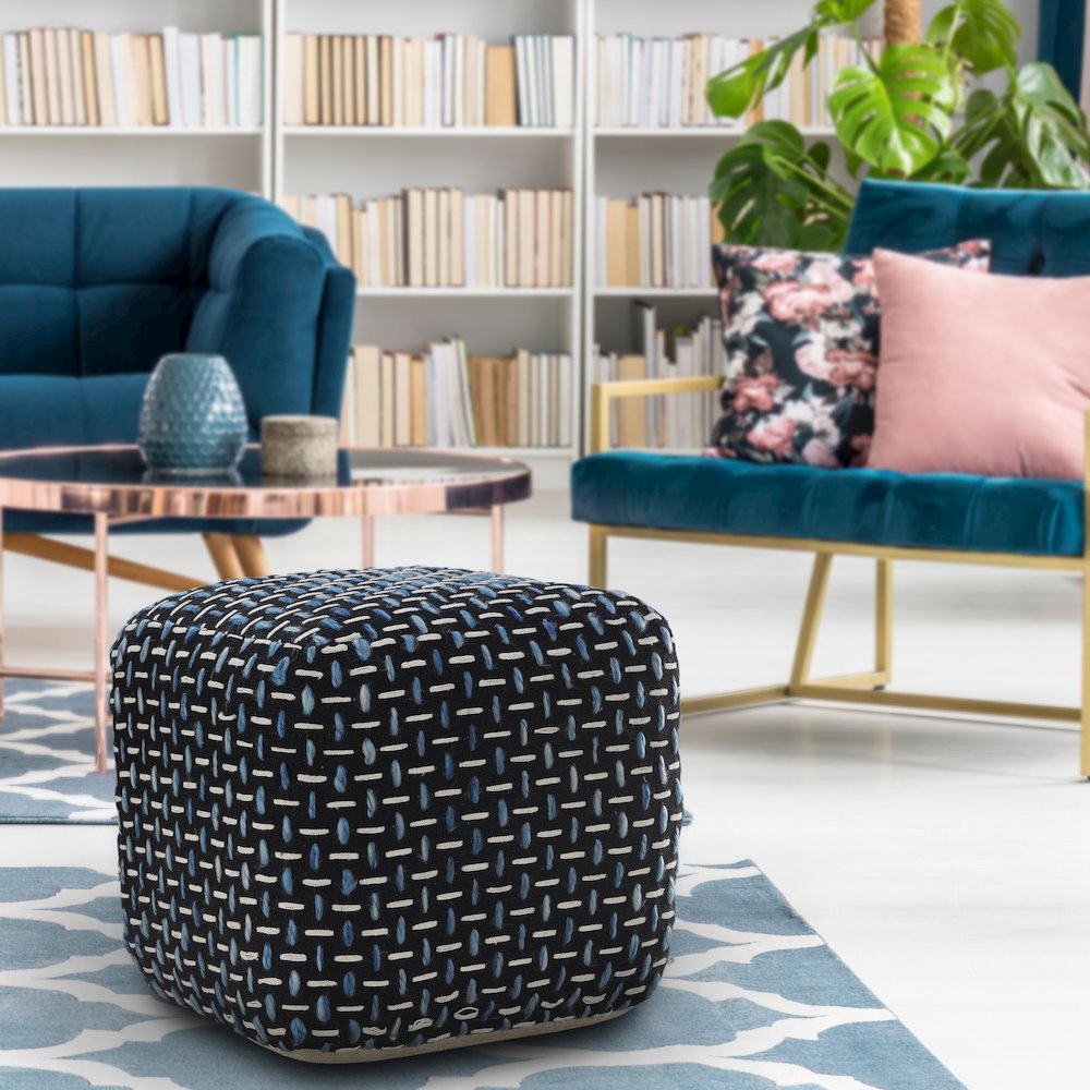 Havana Performance Indoor Pouf in Black/Blue, 16" x 16" x 16". Picture 8