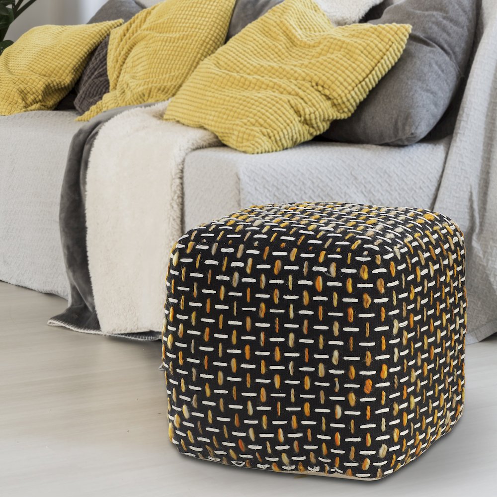 Havana Performance Indoor Pouf in Black/Yellow, 16" x 16" x 16". Picture 7