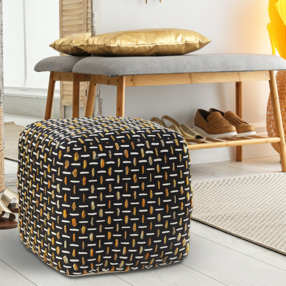 Havana Performance Indoor Pouf in Black/Yellow, 16" x 16" x 16". Picture 8