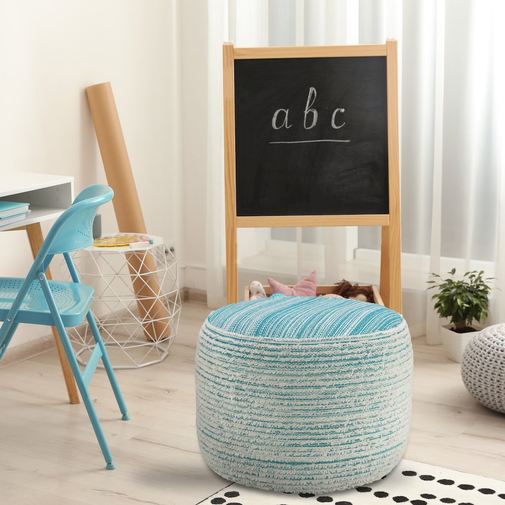 Havana Performance Indoor Pouf in Blue/White, 18" x 18" x 14". Picture 7