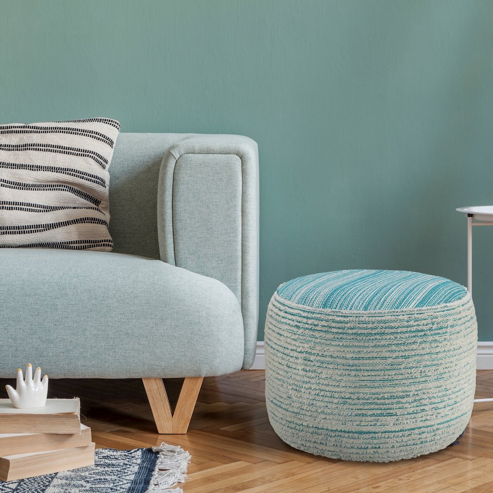 Havana Performance Indoor Pouf in Blue/White, 18" x 18" x 14". Picture 8