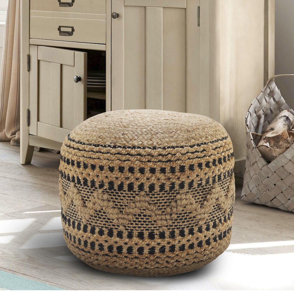 Spruce Jute Blend Indoor Pouf in Tan/Black, 18" x 18" x 14". Picture 2