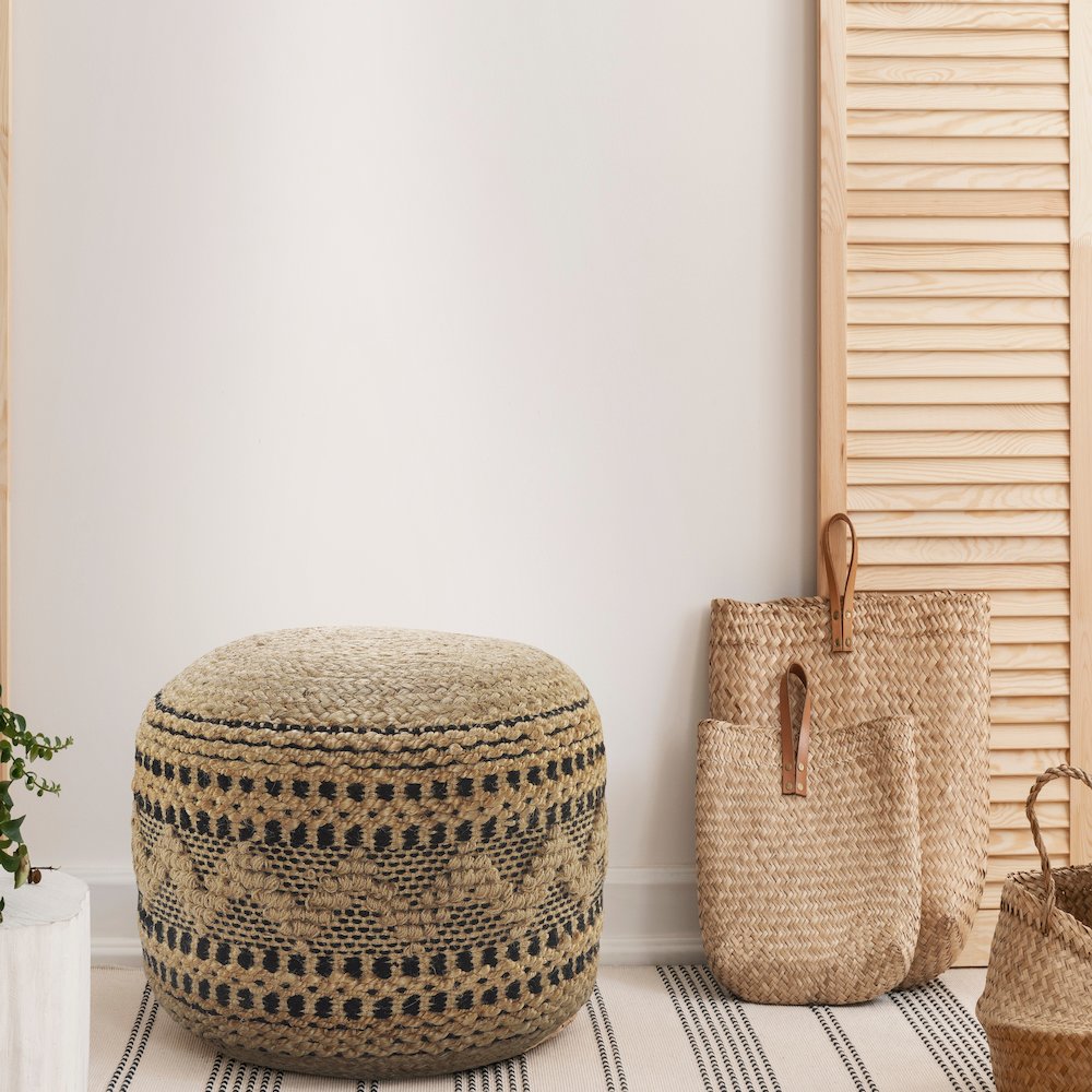 Spruce Jute Blend Indoor Pouf in Tan/Black, 18" x 18" x 14". Picture 6