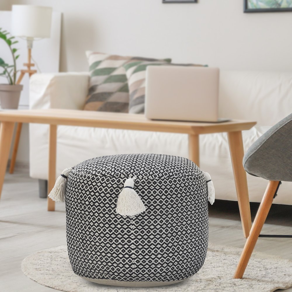 Zadia Cotton Indoor Pouf in Tan/Cream, 18" x 18" x 14". Picture 6
