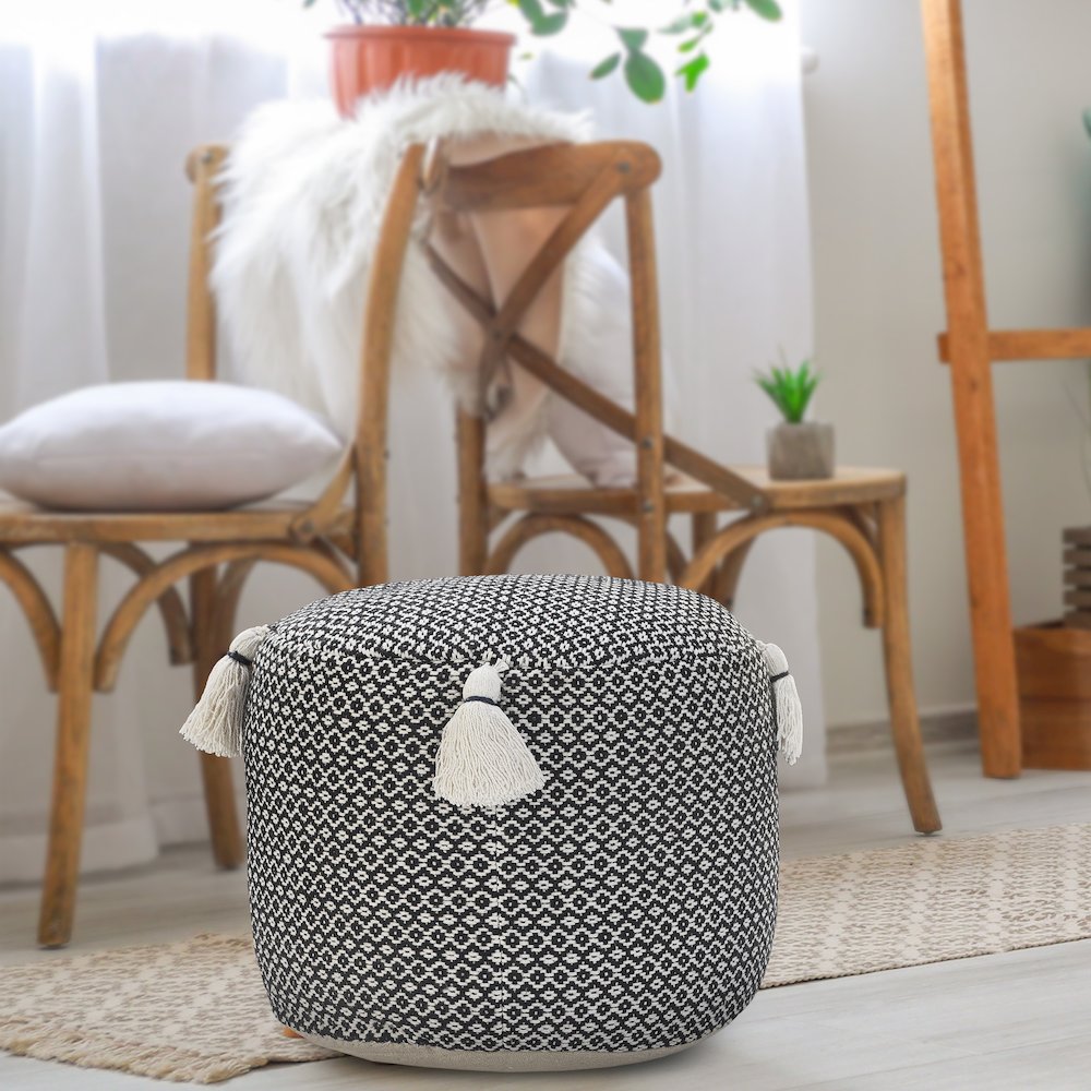 Zadia Cotton Indoor Pouf in Tan/Cream, 18" x 18" x 14". Picture 7