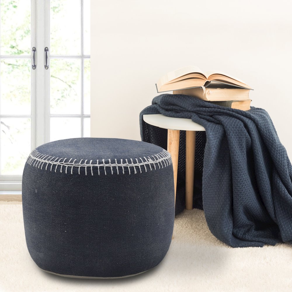 Enigma Cotton Indoor Pouf in Blue/White, 18" x 18" x 14". Picture 6
