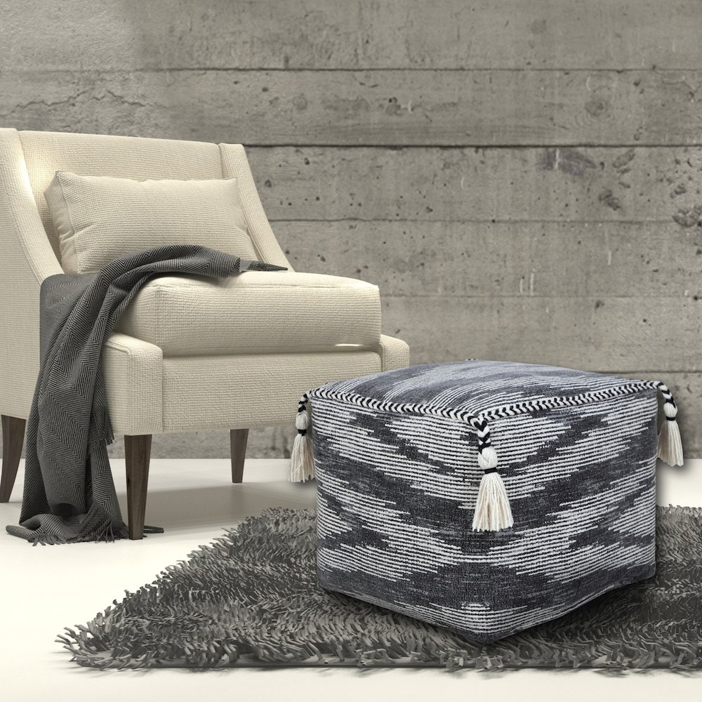 Zadia Cotton Indoor Pouf in Gray/White, 18" x 18" x 14". Picture 7