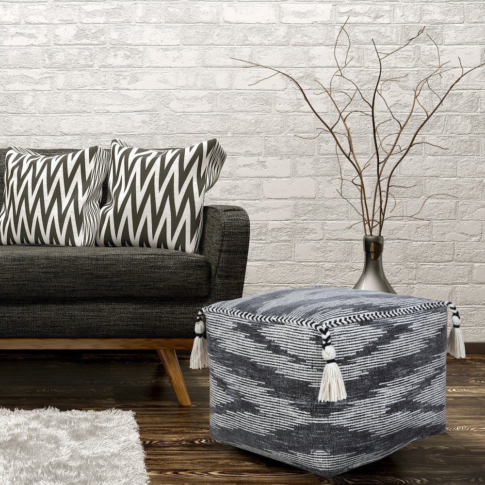 Zadia Cotton Indoor Pouf in Gray/White, 18" x 18" x 14". Picture 8