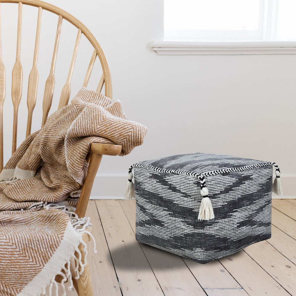 Zadia Cotton Indoor Pouf in Gray/White, 18" x 18" x 14". Picture 9