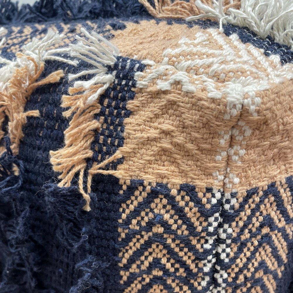 Monarch Cotton Indoor Pouf in Blue/Orange, 18" x 18" x 14". Picture 2